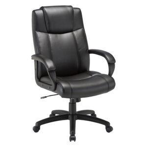 Black vinyl executive highback chair on casters. Padded arms and lumbar support.