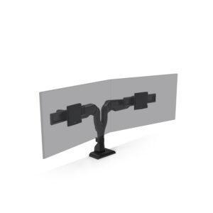 A black HAT Design Works E5 Dual Dynamic Monitor Arm is shown mounted to a white surface using a secure top-down clamp base. The unit features a central pillar that branches into two independent, articulated arms. Each arm is equipped with a VESA mount adapter holding a large, semi-transparent glass panel to represent two side-by-side monitors. The dual-arm configuration allows for independent height, tilt, and swivel adjustments for a customizable multi-monitor setup.