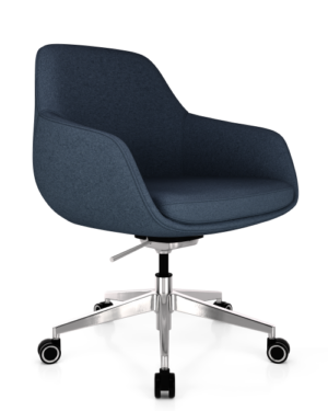 A Grace swivel office chair in the denim blue colorway with a bucket-style seat, light beige upholstery, and a five-star chrome base with black and silver casters.