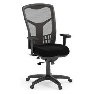 A Mesh high-back executive chair featuring a black breathable mesh backrest with integrated lumbar support, a thick contoured fabric seat, and adjustable T-shaped armrests. The chair is mounted on a five-star black nylon swivel base with dual-wheel casters and includes a visible pneumatic height adjustment lever and a tilt tension knob located beneath the seat for customized ergonomic support.