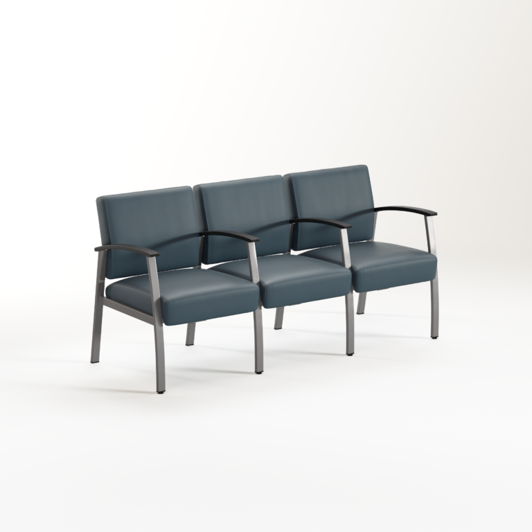 A Vitality three-seat beam seating unit with blue vinyl upholstery, a gray metal frame, and black armrests between each seat, shown against a white background.