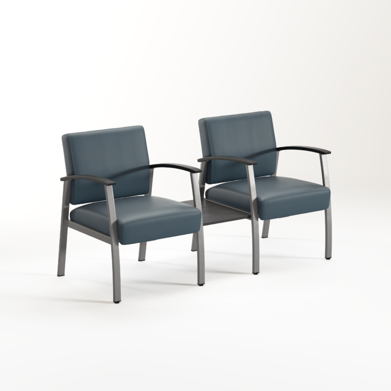 A Vitality beam seating unit with two blue vinyl upholstered chairs, a gray metal frame, black armrests, and a dark wood center table, shown against a white background.