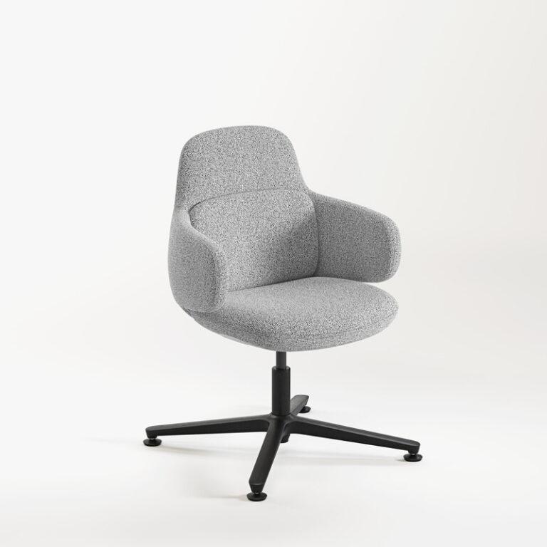 An upholstered office chair with a textured ash-gray fabric seat and integrated low armrests is shown against a plain white background. The chair features a modern, rounded shell design and is supported by a black four-star fixed base with stationary glides.