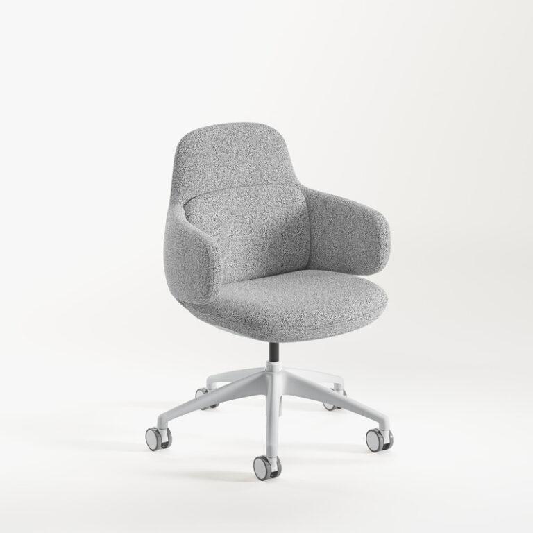 An upholstered office chair with a textured ash-gray fabric seat and integrated low armrests is shown against a plain white background. The chair features a modern, rounded shell design and is supported by a white five-star swivel base with matching casters.
