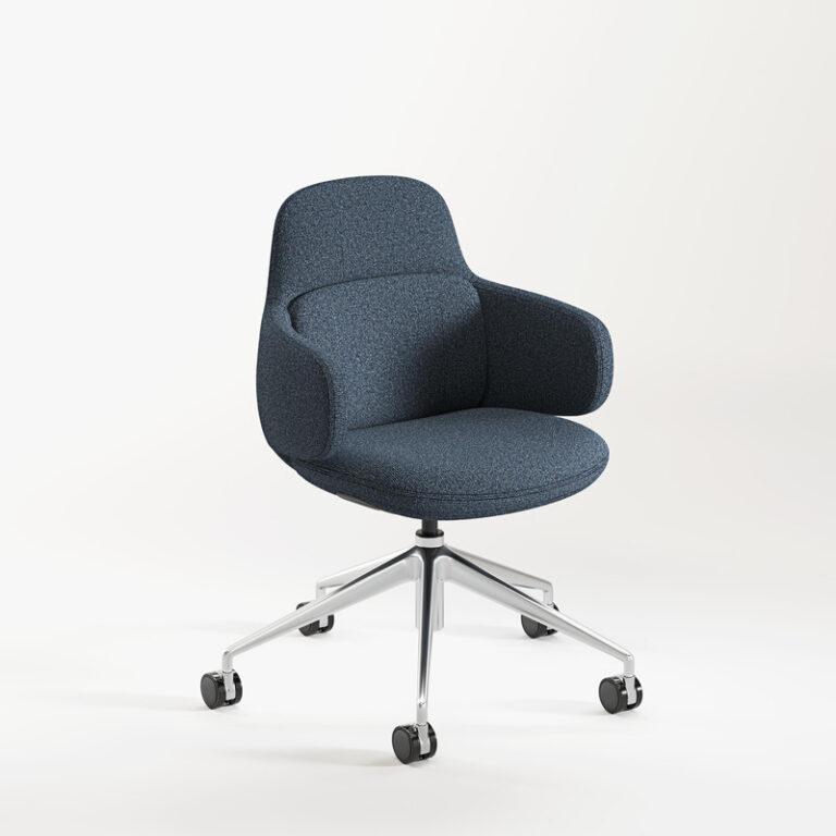 An upholstered office chair with a textured blue fabric seat and integrated low armrests is shown against a plain white background. The chair features a modern, rounded shell design and is supported by a polished silver five-star aluminum base with black casters.