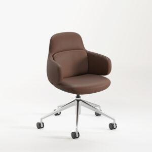 An upholstered office chair with a smooth brown seat and integrated low armrests is shown against a plain white background. The chair features a modern, rounded shell design and is supported by a polished silver five-star aluminum base with black casters.