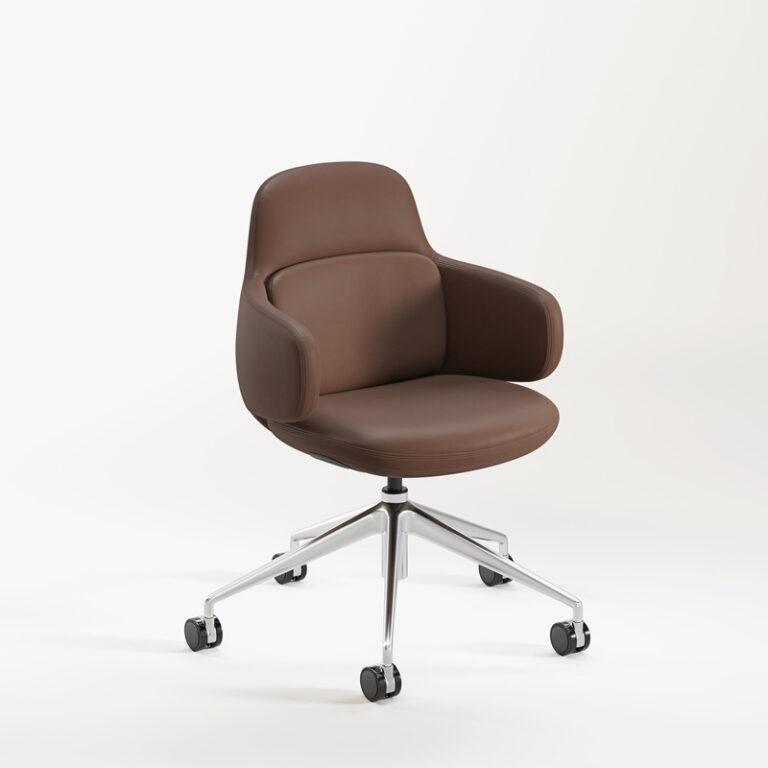 An upholstered office chair with a smooth brown seat and integrated low armrests is shown against a plain white background. The chair features a modern, rounded shell design and is supported by a polished silver five-star aluminum base with black casters.