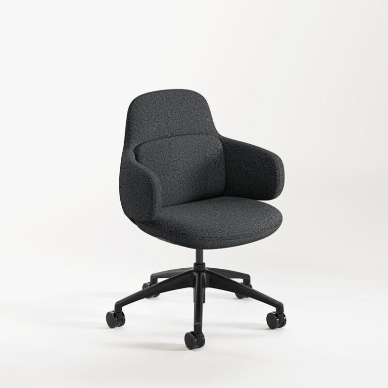 An upholstered office chair with a textured charcoal fabric seat and integrated low armrests is shown against a plain white background. The chair features a modern, rounded shell design and is supported by a black five-star swivel base with matching black casters.