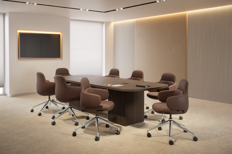 Eight Viva chairs with brown upholstery and silver wheeled bases around a large oval wood conference table in a boardroom with a wall-mounted screen and neutral-toned ribbed walls.