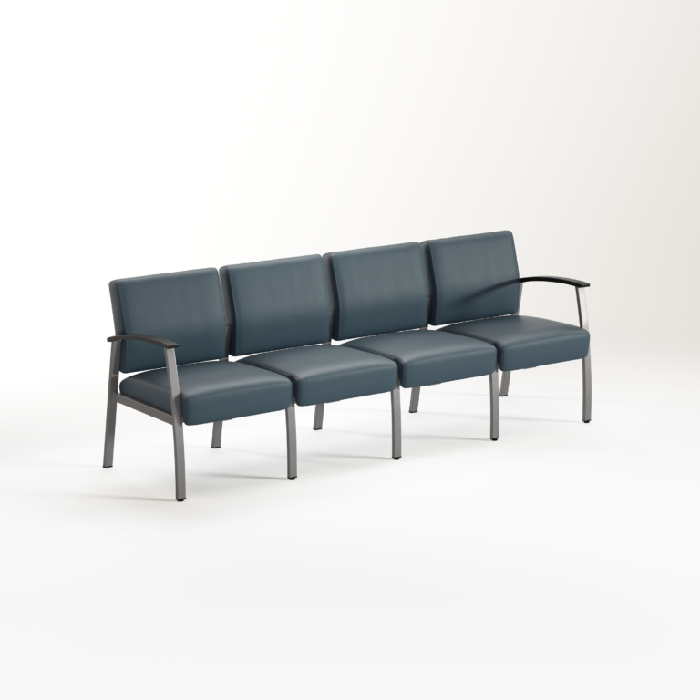 A Vitality four-seat beam seating unit with blue vinyl upholstery, a gray metal frame, and black armrests on the outer ends, shown against a white background.