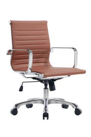 A classic mid-back saddle office chair with ribbed brown leather upholstery, chrome armrests, and a five-star chrome base with black casters.