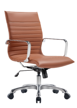 A Janis mid-back office chair in Saddle Brown with ribbed leather upholstery, chrome armrests, and a five-star chrome base with black casters.