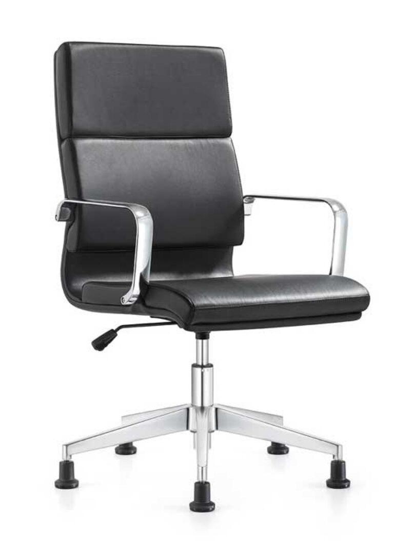 A Jimi mid-back black office chair with padded faux leather upholstery, chrome armrests, and a five-star chrome base with black stationary glides.