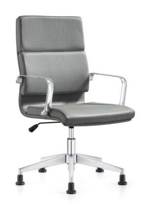 A Jimi mid-back gray office chair with padded faux leather upholstery, chrome armrests, and a five-star chrome base with black stationary glides.