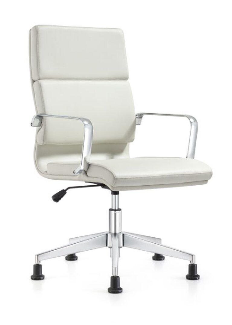 A Jimi mid-back white office chair with padded faux leather upholstery, chrome armrests, and a five-star chrome base with black stationary glides.