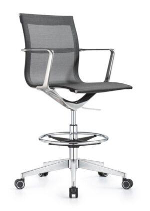 A Joan office stool featuring black mesh upholstery, chrome armrests, a circular footrest, and a five-star chrome base with black and silver casters.