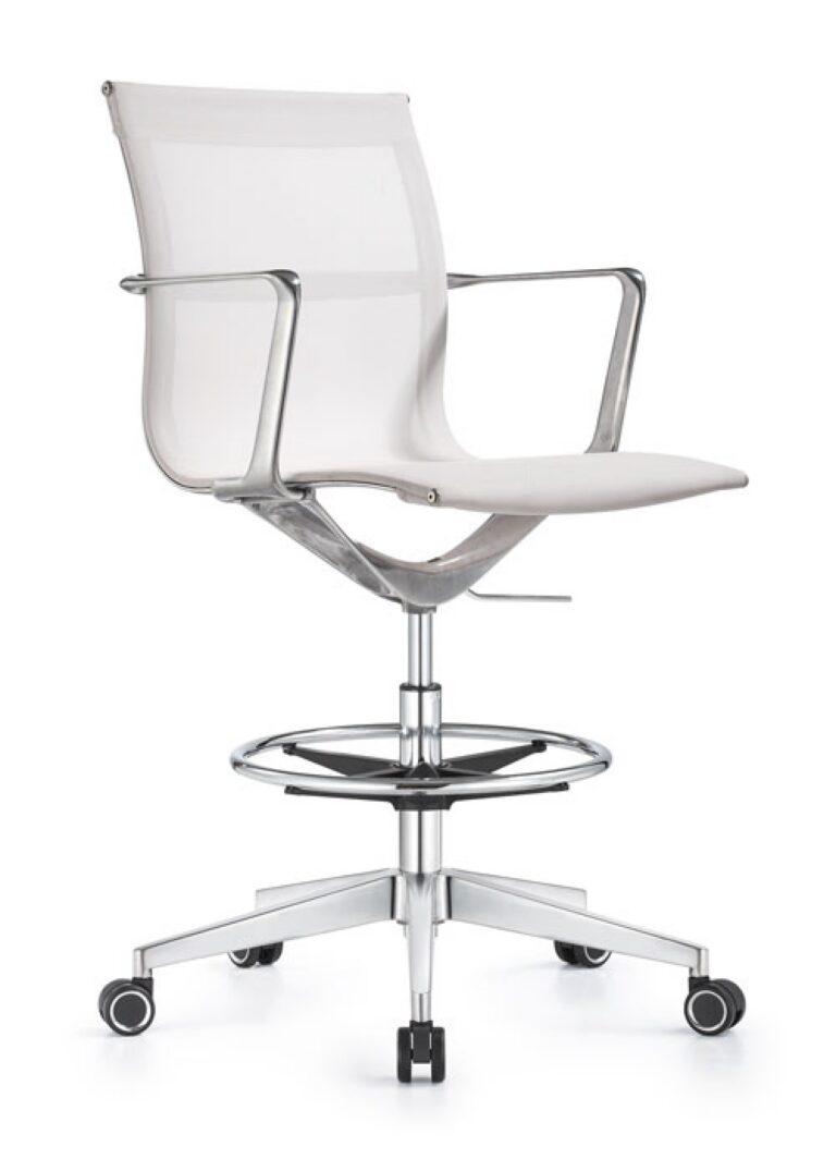 A Joan office stool featuring white mesh upholstery, chrome armrests, a circular footrest, and a five-star chrome base with black and silver casters.