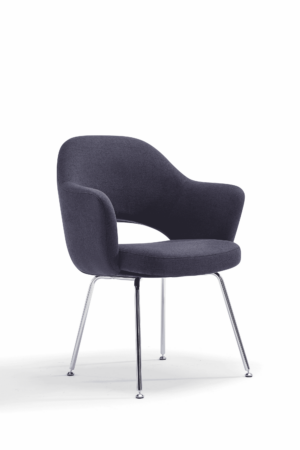 A Melanie guest seating chair with charcoal fabric upholstery, integrated arms, a cutout back, and four chrome legs.