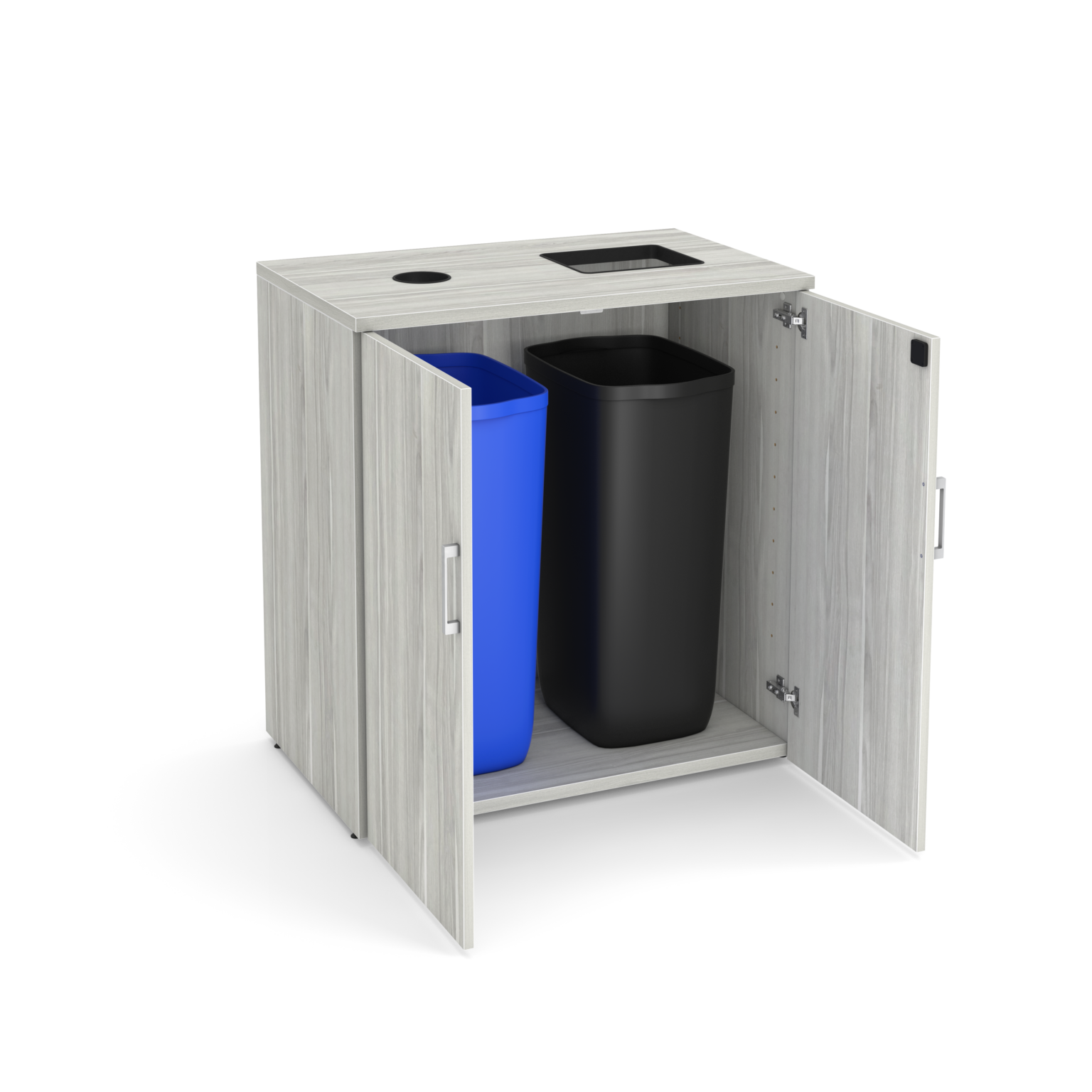 A recycling and trash storage cabinet with light gray wood-grain laminate and open doors revealing one blue and one black plastic waste bin inside, shown against a white background.