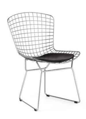 A The Who side chair featuring a chrome wire grid frame and a black leather seat pad.