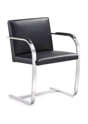 An Arlo guest chair featuring black leather upholstery and a chrome cantilever frame with padded armrests.