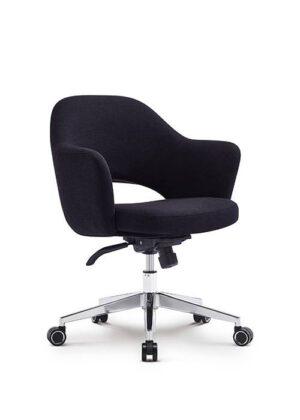 A Melanie swivel-tilt office chair featuring dark charcoal or black fabric upholstery with a signature cutout in the lower backrest and integrated, sloping armrests. The chair is mounted on a five-star polished aluminum swivel base with black and silver dual-wheel casters, and it includes visible mechanical controls for height adjustment and tilt tension located directly beneath the cushioned seat.