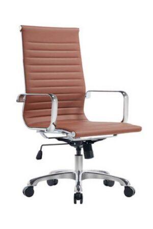 A Classic high-back saddle office chair featuring a tall, ergonomically curved backrest with horizontal ribbed upholstery in a warm brown tone and square-shaped chrome armrests. The chair is anchored by a five-star polished aluminum base with black dual-wheel casters, and it includes a visible pneumatic height adjustment lever and a large tilt tension knob located directly beneath the seat for personalized ergonomic support.