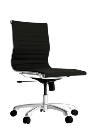 A Classic mid-back armless office chair featuring black upholstered horizontal ribbed padding and a slim polished chrome frame. The chair is mounted on a five-star polished aluminum swivel base with black dual-wheel casters and includes a visible pneumatic height adjustment lever and a tilt tension knob located beneath the seat for customized ergonomic support.