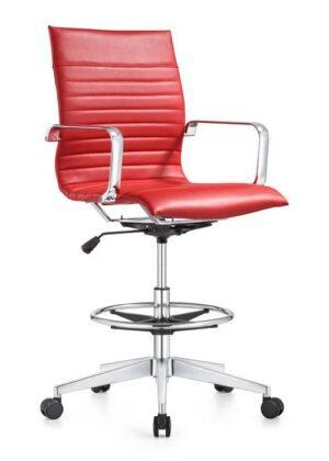 A Janis drafting stool featuring vibrant red upholstered horizontal ribbed padding, integrated chrome armrests, and a tall adjustable height cylinder. The stool is anchored by a five-star polished aluminum base with black dual-wheel casters and includes a circular chrome footring for added comfort.