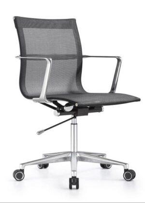 A Joan mid-back office chair featuring black mesh upholstery and integrated square-shaped chrome armrests. The chair is mounted on a five-star polished aluminum swivel base with black and silver dual-wheel casters and includes a visible pneumatic height adjustment lever and a tilt tension mechanism located beneath the seat for customized ergonomic support.