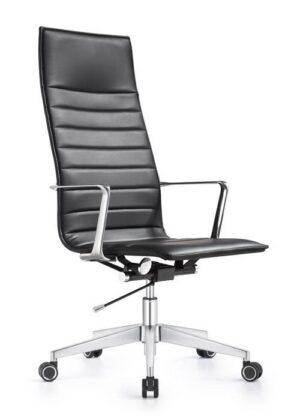 A Joe high-back black office chair featuring a tall, tapered backrest with horizontal ribbed upholstery and slim chrome armrests. The chair is supported by a five-star polished aluminum base with black and silver casters, and it includes visible adjustment levers under the seat for height and tilt control.