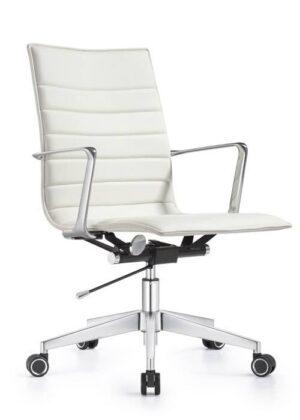 A Joe mid-back gray office chair shown from a rear three-quarter perspective, highlighting the smooth upholstery on the backrest and the curved chrome bar that integrates into the slender armrests. The chair features a polished five-star aluminum base with black and silver dual-wheel casters, and the internal mechanical components, including the height adjustment lever and tilt tension knobs, are visible beneath the seat.