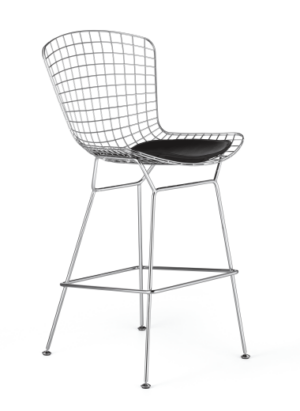 A Who High Stool featuring a mid-century modern design with a hand-welded polished chrome wire frame and a tall, tapered backrest. The stool includes a slim black eco-leather seat cushion and is supported by slender chrome legs with a built-in footrest and protective floor glides.