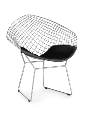 A The Who lounge chair featuring a wide, diamond-shaped chrome wire grid frame and a fitted black leather seat pad, supported by a matching chrome sled base with small black floor glides.